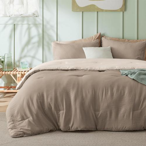 Bedsure King Size Comforter Set, Reversible Khaki Soft Prewashed Bedding for All Seasons, 3 Pieces Warm Down Alternative Bed Set, 1 Lightweight Comforter (104x90) and 2 Pillowcases (20x36)