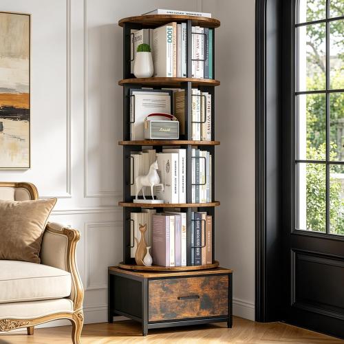 Housolution 5 Tier Rotating Bookshelf Tower, 360° Spinning Book Shelf with Fabric Drawer, Round Revolving Bookcase Organizer, Narrow Swivel Bookshelves Turning Corner Bookshelf for Small Space, Brown