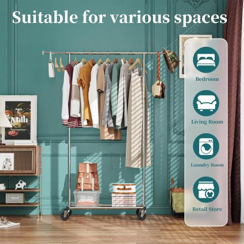 Simple Trending Clothing Garment Rack, Extendable Clothes Organizer, Chrome | Clothes Rack with Bottom Storage Shelf, 360° Wheels, Waterproof and Rust-resistant, Multiple Uses, Bedroom, Laundry Room