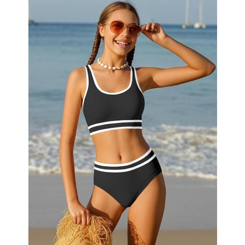Size S Girls Swimsuit Double Strap High Waist Sporty Bikini Swimsuits Swim Cover Up Skirt 3 Piece Set