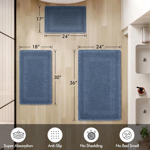 MIULEE Set of 2 Waffle Bathroom Rugs Blue Boho Bath Mat 18x30 in