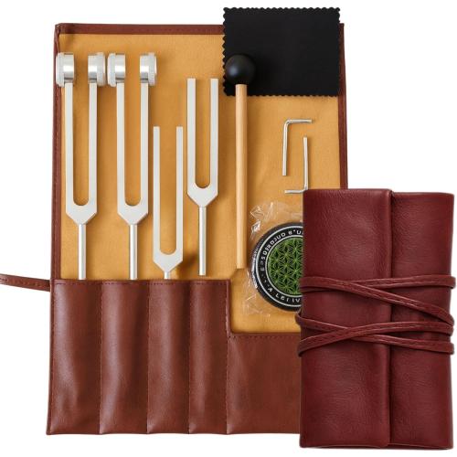 Tuning Forks for Healing Set – Weighted Chakra Tuning Fork Set 128Hz 136.1Hz 256Hz 512Hz with Sound Therapy Activator and Pouch Solfeggio Kit for Healing Therapy Meditation