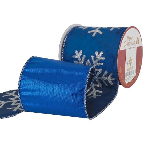 MEEDEE 4 Inch Navy Blue Snowflake Ribbon Navy Satin Wired Christmas Tree Ribbons with Silver Glitter Snowflake 10 Yards Blue and Silver Ribbon for Holiday Crafts, Garlands, Large Tree Topper Bow