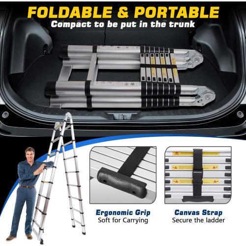 16.5 FT A-Frame Telescoping Ladder,8 8 Step Ladder,330LBs Load Capacity,Portable Extension Ladder Multi-Purpose Collapsible for Stairs Home Indoor Outdoor Roof (Silver, 5M(2.5m 2.5m)/16.5FT A Frame)