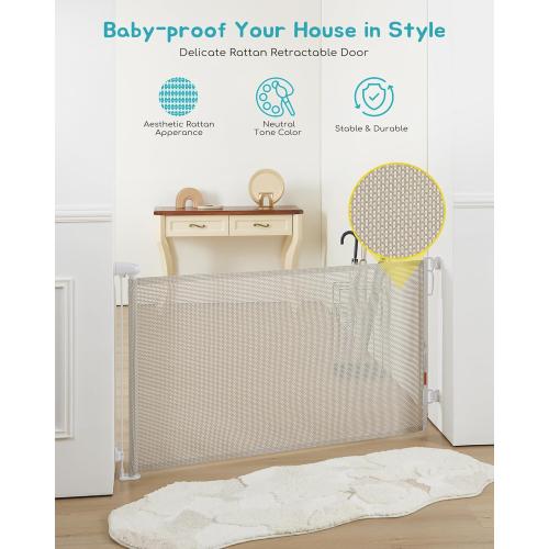 Retractable Baby Gate, Exquisite Rattan Mesh, 33 Tall, Expands to 55 Wide, Dog Gate for Stairs, Doorway, Hallway, Indoor/Outdoor Pet Fence, Walk-Through Design with No Bottom Bar, Beige