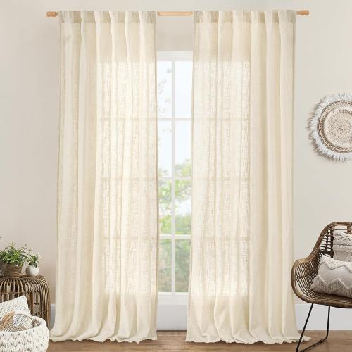 LAMIT Living Room Linen Curtains 90 Inch for Bedroom, Back Tab and Rod Pocket Linen Textured Sheer Curtains Light Filtering Boho Drapes for Farmhouse, 2 Panels, 52 x 90 Inch, Beige