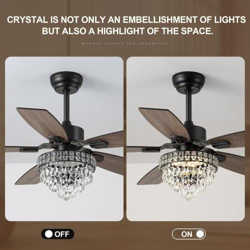 Chandelier Ceiling Fans with Lights and Remote,42in Chandelier Fan Ceiling,Crystal Ceiling Fan Fandelier with Lights,6 Speed 3 Timer Quiet Ceiling Fan for Bedroom (Black, 52 Inch)