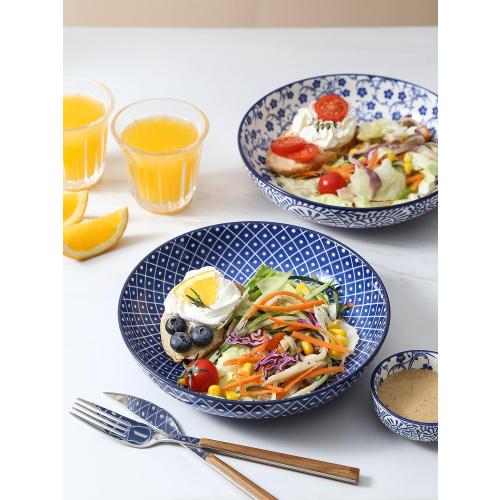 Selamica Porcelain 26 Ounce Pasta Bowls Set of 6, 8 inch Wide and Shallow Salad Bowls, Serving Bowls, Microwave & Dishwasher Safe, Sturdy & Stackable, Vintage Blue