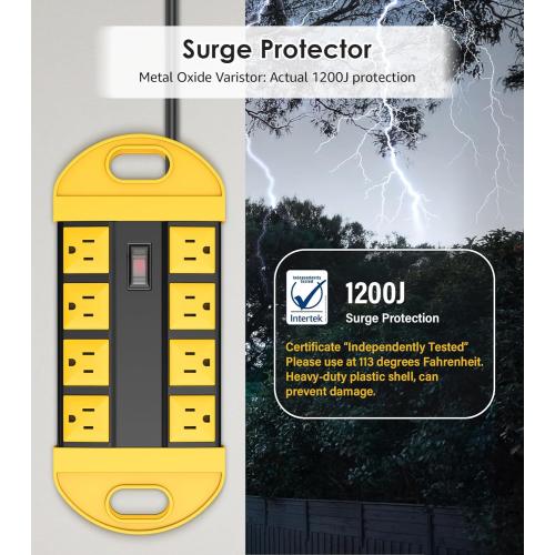CCCEI 2 Outdoor Power Strips Weatherproof with 8 Plug, Waterproof Extension Cord with Multiple Outlets, Christmas Exterior Garden Yard Surge Protector 6FT, Yellow.