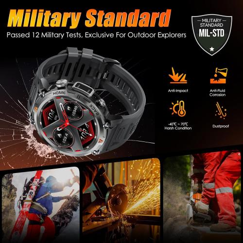 EIGIIS Military Smart Watch for Men Tactical Rugged with Bluetooth Call Flashlight 1.45'' Big Screen Fitness Tracker Heart Rate Sleep Monitor Waterproof Sports Smartwatch iPhone Android Black