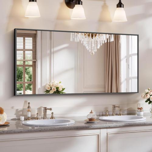 YIROMAN Bathroom Mirror 48x24, Large Matte Black Bathroom Mirror for Over Sink with Aluminum Frame, Rectangular Vanity Mirror with Right Angle, Wall Mirror Hangs Horizontal or Vertical, Shatterproof