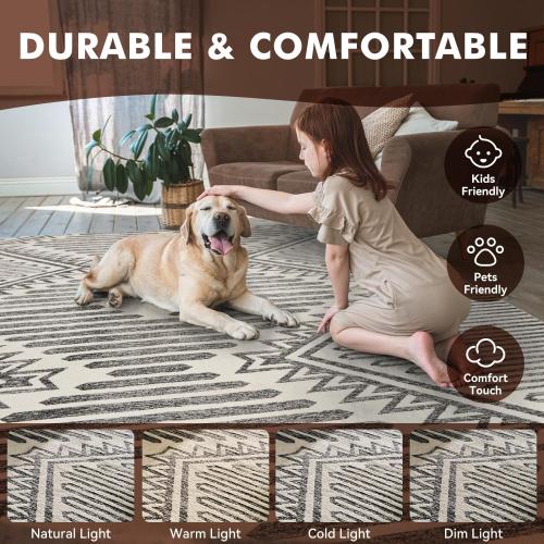 Charcoal Grey Boho 8x10 Area Rugs Textured Tufted Rugs for Living Room Bedroom Rug-Carpet Washable Neutral Modern Geometric Moroccan Aztec Rug