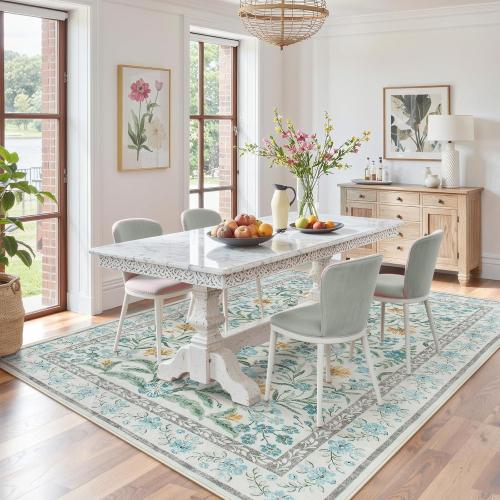 Lahome Light Blue Bedroom Rug 8x10 Under Bed, Boho Washable Rugs for Living Room Nursery, Soft Wool Vintage Low Pile Carpet for Dining Room Girls | Soft Wool Vintage Low Pile Carpet for Girls Kids Nursery Dining Room