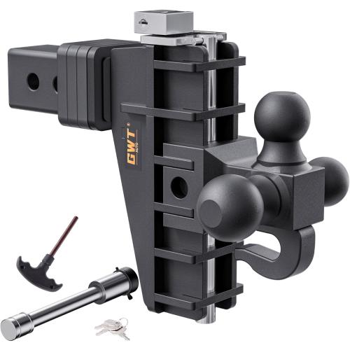 Adjustable Trailer Hitch with Hook, Tri-Ball (1-7/8 x 2 x 2-5/16) Drop Hitch, Fits 2.5-Inch Receiver, 6 Inch Drop Hitch, 18500 LBS GTW-Class 3 Tow Hitch for Heavy Duty Truck, Black