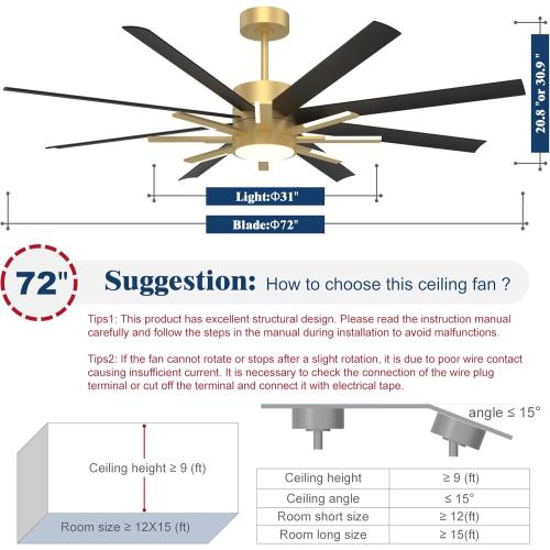72 inch Large Ceiling Fans with Lights and Remote，Indoor/Outdoor Modern Ceiling Fan for Living Room Patio，6 Speed Reversible，8 Blades and 9 Lights，3 CCT，Black Gold