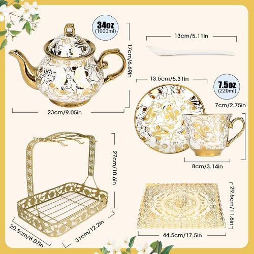 20 Pcs Porcelain Tea Set with Metal Holder,European Flower Adult Ceramic Tea Party Set for Women,1000ML Teapot, Beautiful Coffee Tea Cup Set for Home&Party(Gold)