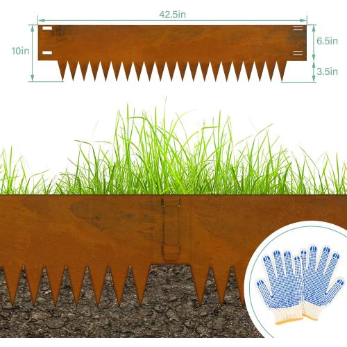 Co rten Steel Landscape Edging 10 Inch Tall 6 Packs, Pre-Rusted Metal Garden Edging, Hammer in Landscape Edging with 6 Clips and a Pair of Gloves, Steel Edging for Landscaping, Garden