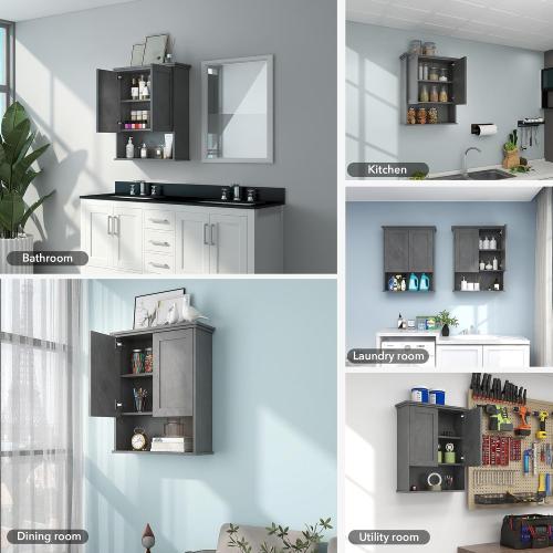 VANIRROR Bathroom Wall Cabinet Over Toilet Storage Cabinets 25x30 inchs | Above Toilet Wood Medicine Cabinets for Kitchen Wall Mounted Cabinet with 2 Door & Adjustable Shelf Texture Grey