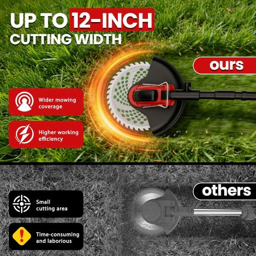 12-Inch Cordless Electric Weed Wacker, 2x3.0Ah 21V Battery Powered Weed Eater with Wheels, 800W Brushless Motor, Lawn Mower with 4 Types Blades, 20000RPM Brush Cutter Grass Trimmer for Garden Yard