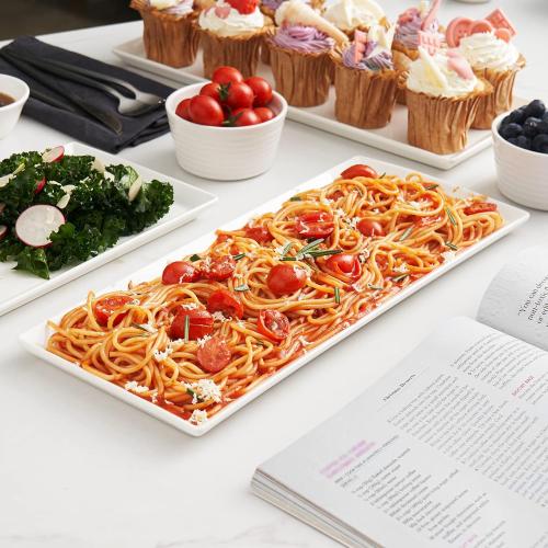 DOWAN 14.5 Rectangular Plates Set of 4 - Long Serving Trays for Sushi, Pasta, Chips, Appetizer, Cake - White Ceramic Rectangle Platter for Party, Restaurant, Banquet - Dishwasher & Oven Safe