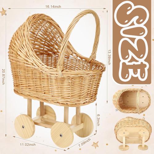 Wicker Baby Carriage for Baby Shower Vintage Wicker Stroller Woven Rattan Flower Basket Rustic Decorative Cart Storage with Handle for Floral Arrangement Wedding Photo Props(Wood Color,20 in)