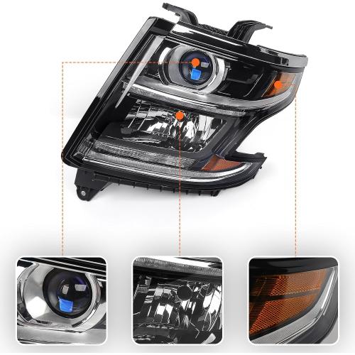FIONE Headlight Compatible with Chevy Tahoe/Suburban 2015-2020 DRL Halogen Headlamp NOT HID Black Housing Left Driver Side LH W/O Bulbs
