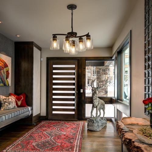 6 Light Contemporary Chandelier Black Modern Farmhouse Chandelier Hanging Lighting Fixtures Industrial Pendant Ceiling Light with Clear Glass Shade Ceiling Light Fixtures for Dining Room Living Room (See The picture for the color)
