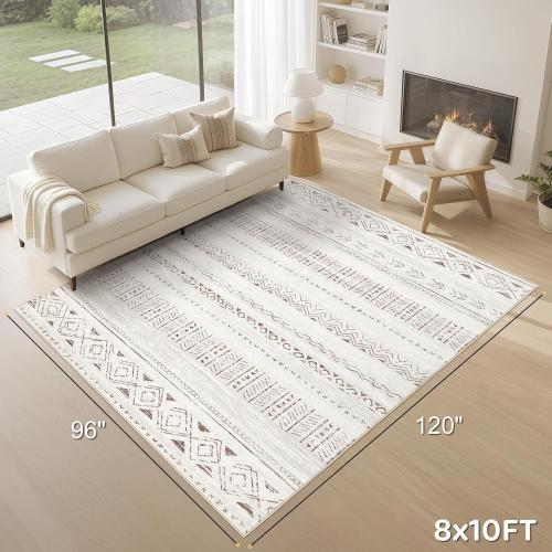 cotiled 8x10 Area Rug Living Room: Washable Boho Rugs with Non Slip Backing Large Soft Indoor Stain Resistant Carpet for Bedroom Farmhouse Dining Room Lightweight Home Decor L Brown/Cream