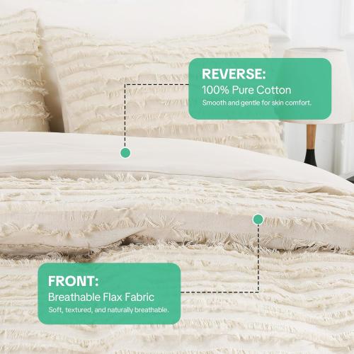 Textured Linen Stripe Duvet Cover Set Queen/King Size, 3 Pieces Linen Like Woven Bedding Set for All Seasons, Includes 1 Duvet Cover & 2 Pillowcases, King 104x90