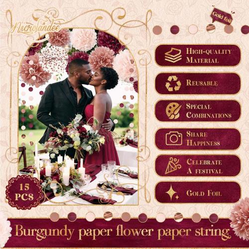 NICROLANDEE Bachelorette Party Decorations 15Pcs Burgundy Tissue Pom Poms