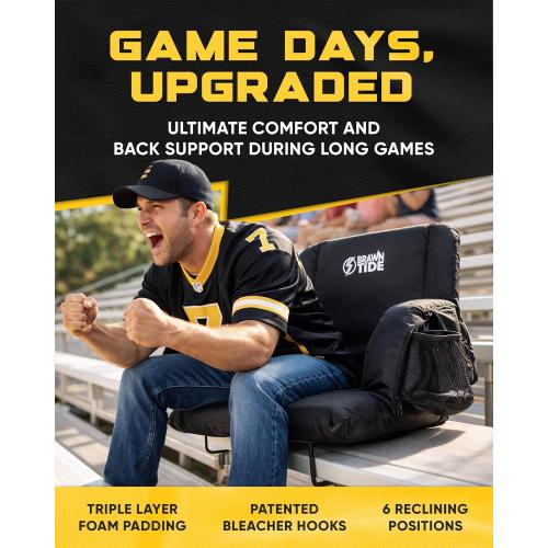 BRAWNTIDE Stadium Seat for Bleachers with Back Support - Wide Padded Reclining Bleacher Seat, Portable Folding Stadium Chair with Armrests, Hooks, Straps, Cup Holders & Pockets (Black, 23)
