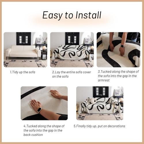MYSKY HOME Boho Couch Cover Super Soft Couch Covers for 2-3 Cushion Couch Sofa, Modern Black Jacquard Sofa Slipcover Loveseat Futon Cover, Couch Covers for Sectional Sofa, 71 x 118, Black Curve