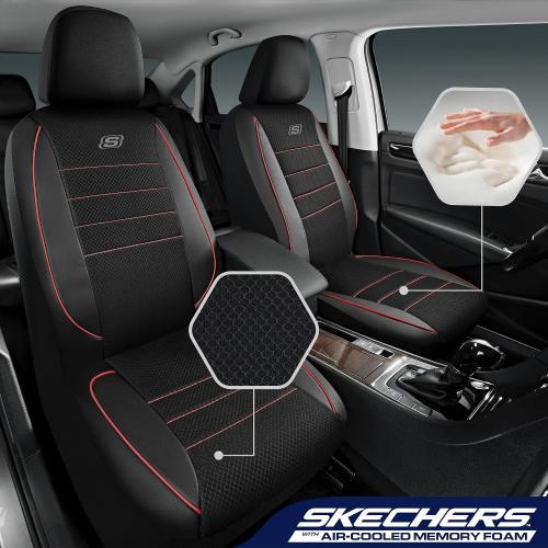 Color Black and red Skechers Air-Cooled Memory Foam Seat Covers,Mesh Thick Car Seat Covers,Piping Leather Car Seat Cover Full Set,Airbag Compatible,Automotive Comfort Universal Fit Most Cars,Vans,Trucks,SUV,Red