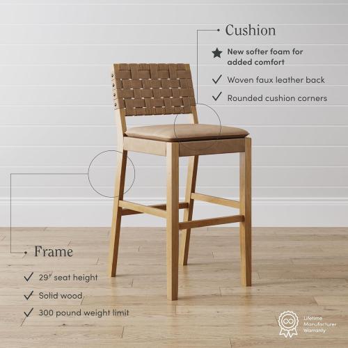 Nathan James Cohen Mid-Century Modern 29 in. Wood Bar Stool, Upholstered Faux Leather Bar Height Stool with Solid Wood Frame, Natural Brown, Set of 2