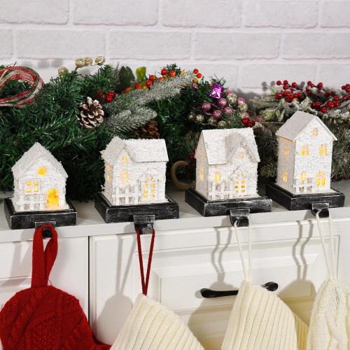 4Pack Lighed Christmas Stocking Holders, White Wooden House Hangers for Mantle, Weighted Anti-Slip Stocking Hooks for Xmas Winter