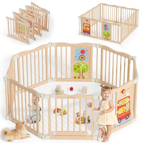 Foldable Wooden Playpen, 55 x 55 x 24 inches, Animal Bus, Natural | Adjustable Wood Baby Play Yard with Child-Proof Lock, Indoor Large Safety Fence for Babies and Toddlers, Easy Assembly