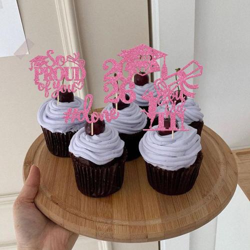 24 Pack 2026 Graduation Cupcake Toppers Glitter So Proud of You Done Diploma Grad Cap Cupcake Picks You Did it Cake Decorations for 2026 Graduation Theme Party Decorations Supplies Pink