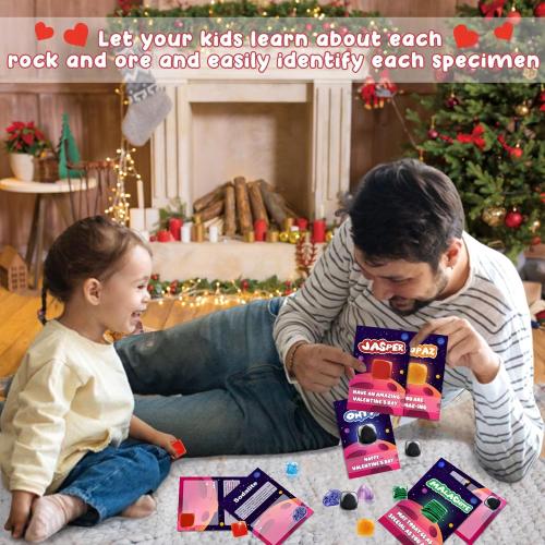 Valentine‘s Gifts for Kids, 28 Pack Valentines Cards with Rocks Bulk, Crystal Gems Minerals Rocks Collection Kit, Exchange Card for Girls Boys School Classroom Party Favors