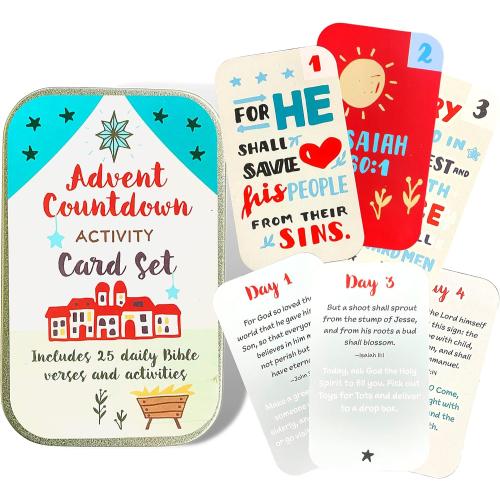 Needzo Religious Advent Calendar 2025 Activity Card Set, 25 Daily Bible Verses and Activities, Countdown to Christmas Sunday School Lessons for Children (Pack of 1)
