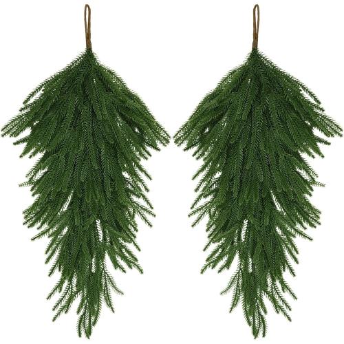 2 Pcs 29.5’’ New Year Teardrop Swags, 21 Branches Each Artificial Hanging Decorations Christmas Indoor Outdoor Ornament