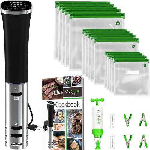 Black and Silver SOUSVIDE ART Sous Vide Immersion Cooker Kit - Machine with Digital Timer, Temp Control, 30 Bags, Vacuum Pump, Suvee Cooker Gift for Chefs