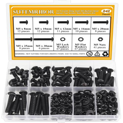 242 Pieces M5 Screws Nuts Washers Set Black, Sutemribor M5 x 8/10/12/16/20/25/30mm Button Head Socket Cap Screws Nuts Washers Assortment Kit, 10.9 Grade Alloy Steel, Fully Threaded