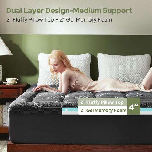 BEDLORE 4 Inch Memory Foam Mattress Topper King,2-in-1 Dual Layer Design (2 Gel Memory Foam   2 Plush Pillow Top Cover) Mattress Topper Medium-Firm,Pressure Relief & Back Pain Support(Dark Gray)