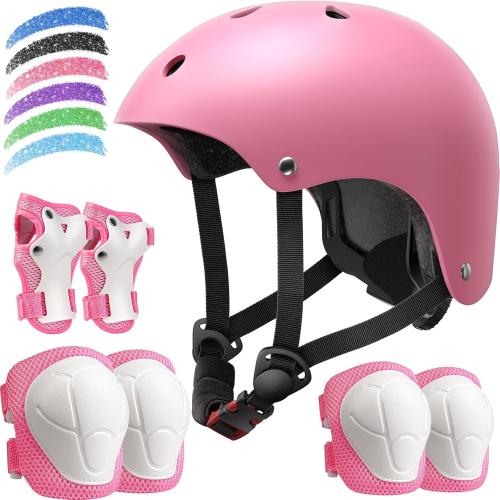 Color Pink Kids Bike Helmet Set, Adjustable Helmet for Ages 2-3-5-8-14 Year Boys Girls, Toddler Pad Set with Knee and Elbow Pads for Bike, Roller, Skating, Scooter, Longboard and More Sports,