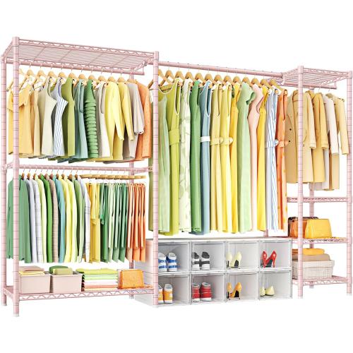 Ulif E10 Clothes Rack（With Stretchable Hanger Rod）Freestanding Clothing Racks for Hanging Clothes，Adjustable Closet Organizer System，Portable Garment Rack 73-97W x 15 D x 72 H，Max Load 800LBS，Pink