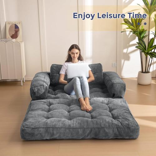 MAXYOYO Folding Sofa Bed, L-Shaped Convertible Sofa Bed with Armrest Foldable Sleeper Couch with Pillow, Portable Fold Out Chair Comfy Floor Couch Lounge for Living Room Bedroom, Dark Grey, Double