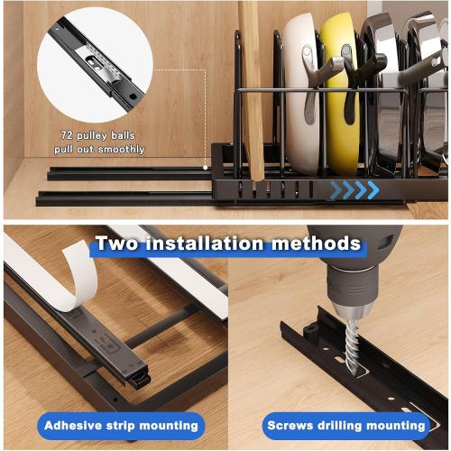 2 Pack Pots and Pans Organizer Under Cabinet, 21.6 Deep Pull Out Pot Lid Organizer Holder with Guardrail Adhesive Pot and Pan Holder Rack with 10 Adjustable Dividers(Black)