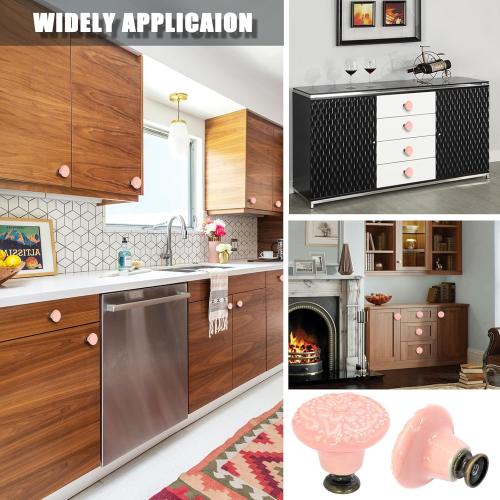 Biaungdo 6 Pcs Pink Ceramic Kitchen Cabinet Knobs and Pulls, Retro and Vintage Round Drawer Knobs for Cabinet, Drawer, Cupboard and Closet Door Handles