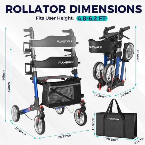 Double Folding Rollator Walker for Seniors - Lightweight Aluminum Frame with 300 lb Capacity, 8 All-Terrain Wheels, 6-Level Adjustable Height Rolling Walker with Travel Bag - Blue