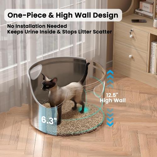Stainless Steel Litter Box Metal with Integrated Round for XL/XXL Big and Multi Cats, 12 High Wall High Side, Odor Control, Easy to Clean, Durable, Includes Stainless Steel Scoop